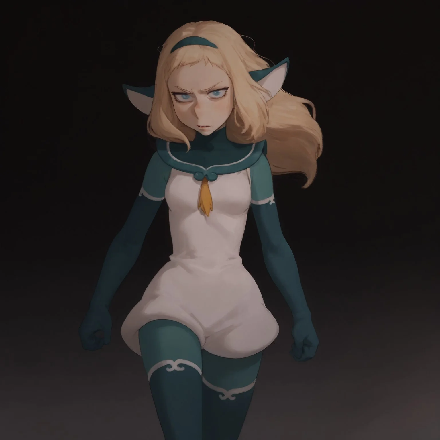 bakara, 1girl, blonde hair, long hair, big long pointed nose, solo, animal ears, aqua eyes, bodysuit, hairband, gloves, boots