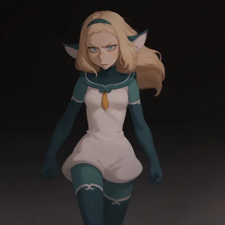bakara, 1girl, blonde hair, long hair, big long pointed nose, solo, animal ears, aqua eyes, bodysuit, hairband, gloves, boots