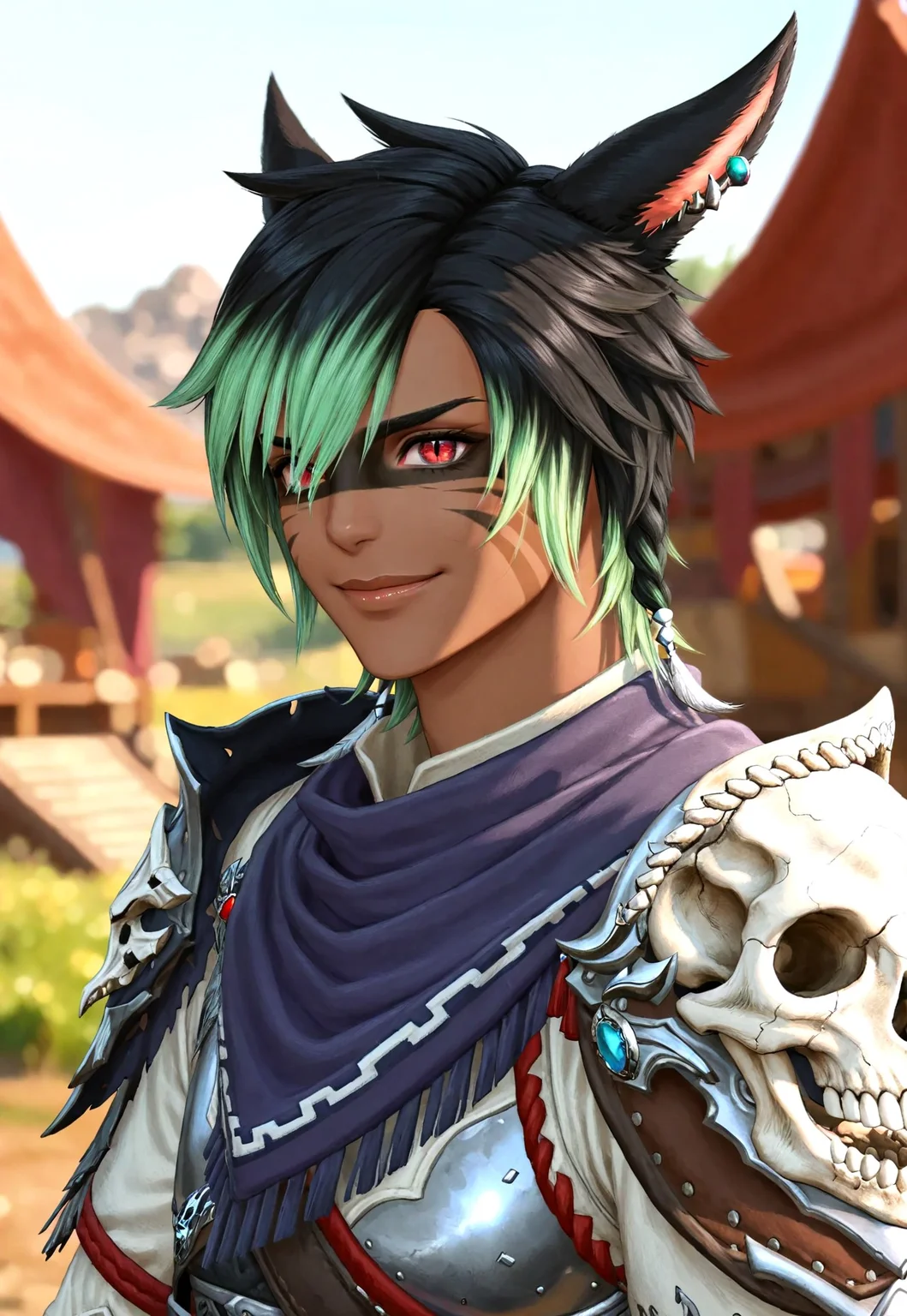 masterpiece, best quality, KrhisT1A, blurry background, animal ears, miqo'te, solo, depth of field, cat ears, green hair, multicolored hair, smile, looking at viewer, 1boy, jewelry, dark skin, earrings, facial mark, shoulder armor, two-tone hair, male focus, upper body, slit pupils, short hair, pauldrons, braid, armor, black hair, red eyes, outdoors, scarf, facepaint, metallic animal skull, 