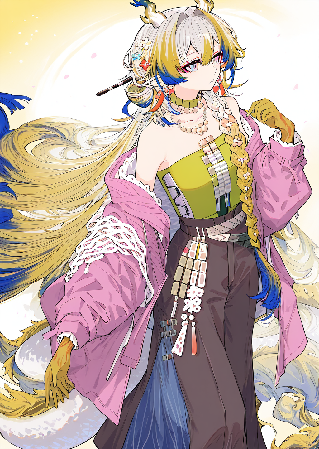 <lora:BebopSensen250208:1>,BebopSensen,<lora:shu_arknights_for_IL:1>,shu_\(spring_feast\)_\(arknights\),dragon horns,multicolored hair,dragon tail,pointy ears,multicolored eyes,streaked hair,side braid,hair stick,green choker,necklace,tassel earrings,hair flower,green tube top,wide pants,pink jacket,off shoulder,sandals,<lora:NOOB_vp1_detailer_by_volnovik_v1:1>,<lora:noobai_ep11_stabilizer_v0.138_fp16:1>,