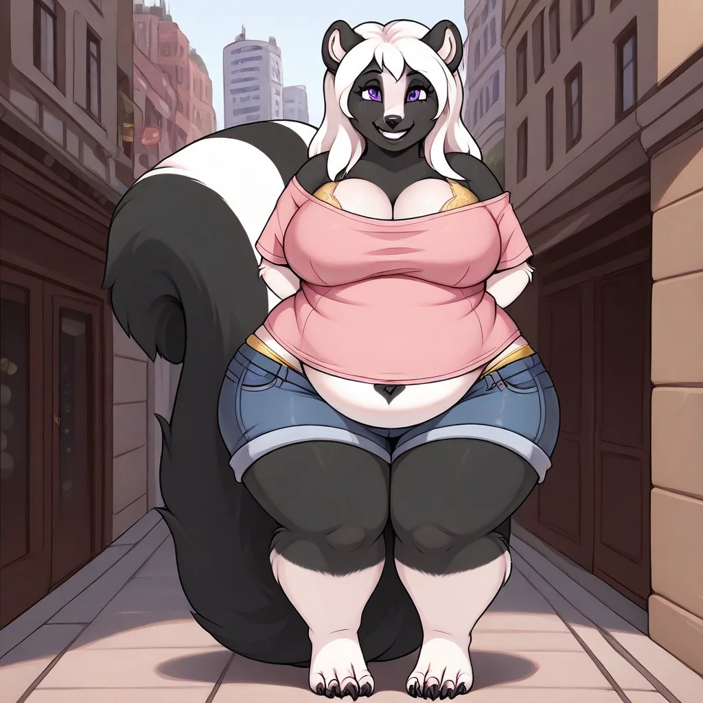 Jessica(14), Solo, 1girl, anthro, female furry, skunk, skunk girl, black and white fur, white hair, long hair, purple eyes, black nose, skunk ears, claws, large tail, skunk tail, chubby, large breasts, fat, thick thighs, wide hips, full body, looking at viewer, pink shirt, off shoulder, yellow bra, denim short shorts, standing, smile, hands behind back, city setting,