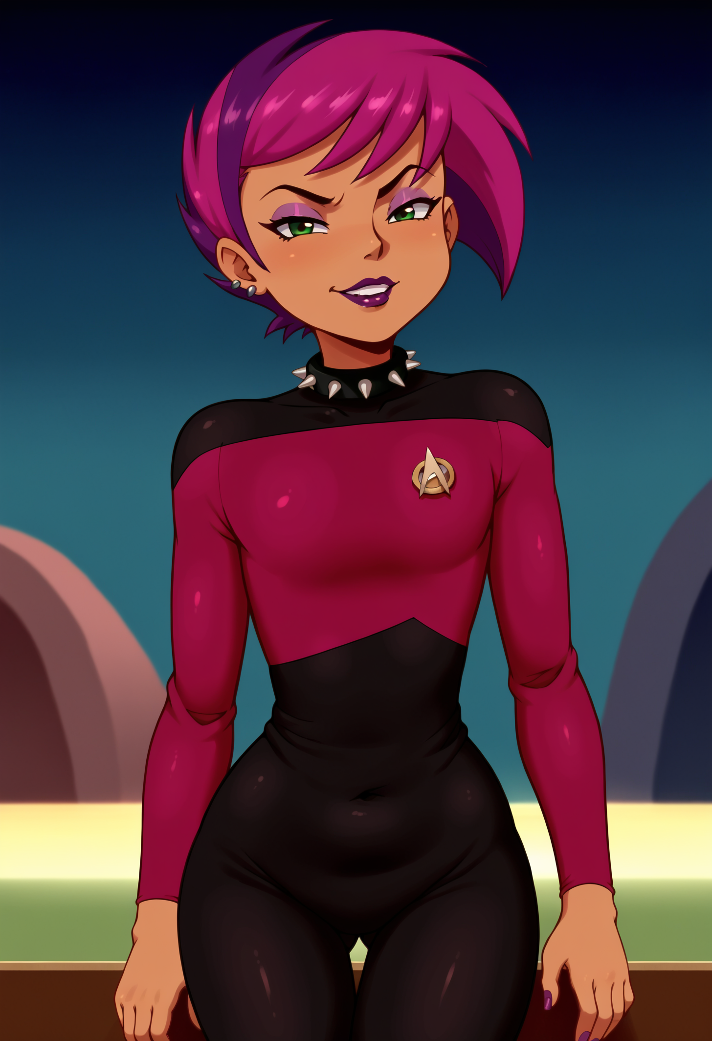 score_9, score_8_up, score_7_up, 1girl, two-tone hair, tan, purple hair, pink hair, short hair, spiked collar, eyeshadow, lipstick, flat chest, narrow waist, wide hips, looking at viewer, highres, high quality, masterpiece, spaceship interior ,starship, command panel,technical scenery,sun,screen,<lora:Ophelia_Ramirez:1>
s3stngunf,red uniform,long sleeves,gold and silver badge
,<lora:STTNGponyStrong>