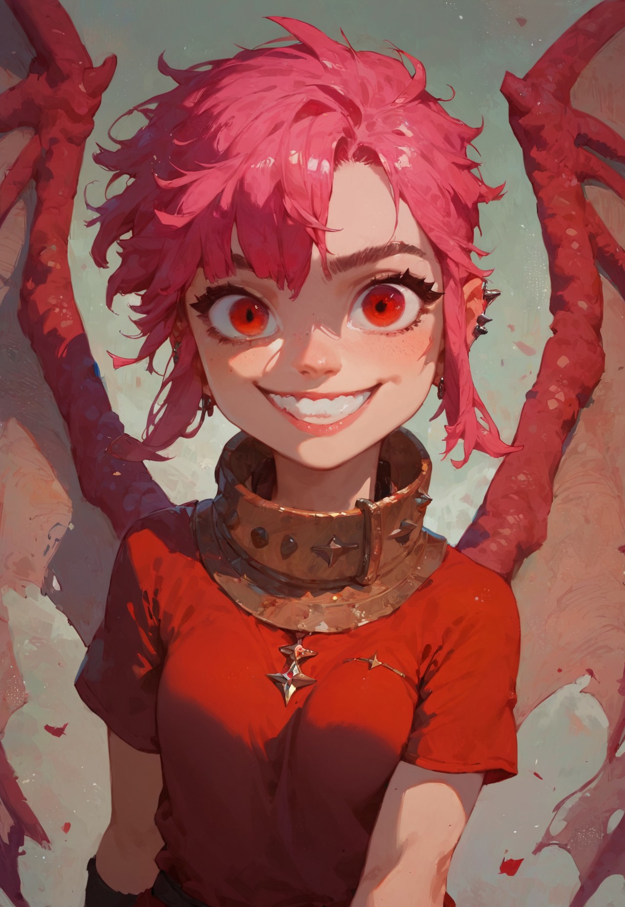 score_9, score_8_up, score_7_up, ASCII, masterpiece,nimona (character), nimona, 1girl, bluebiscuits, collar, dragon wings, ear piercing, grin, looking at viewer, piercing, pink hair, red eyes, red tunic, short hair, short hair with long locks, smile, tunic, wings, solo