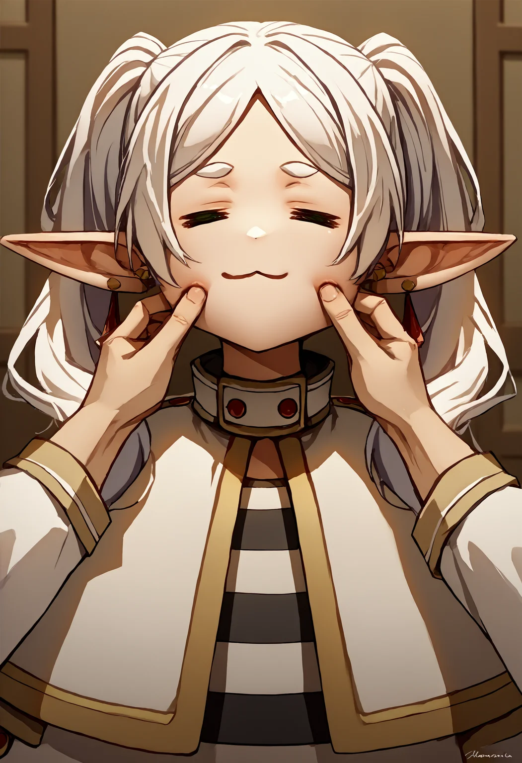 score_9, score_8_up, score_7_up, source_anime, 1girl, cheek pinching, pov hands, <lora:PinchingPOVBothHands_XLPD:1>, upper body, <lora:ChamFrierenPonyXLCame:1>, FrierenBase, green eyes, white hair, long hair, twintails, earrings, white capelet, striped shirt, <lora:ChamElfExpressionPonyXL:1> =w=, :3, = =, eyes closed, indoors,
