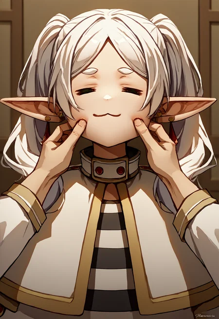 score_9, score_8_up, score_7_up, source_anime, 1girl, cheek pinching, pov hands, <lora:PinchingPOVBothHands_XLPD:1>, upper body, <lora:ChamFrierenPonyXLCame:1>, FrierenBase, green eyes, white hair, long hair, twintails, earrings, white capelet, striped shirt, <lora:ChamElfExpressionPonyXL:1> =w=, :3, = =, eyes closed, indoors,