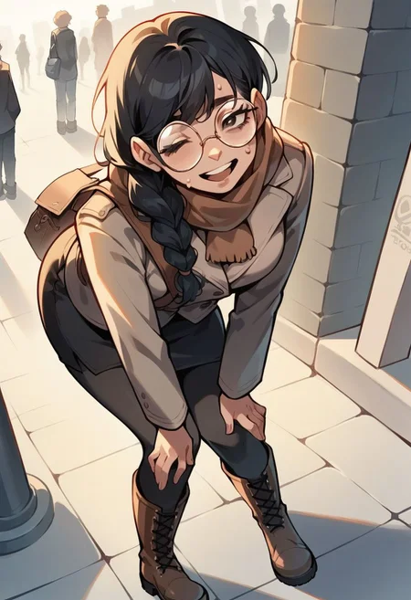 score_9, score_8_up, score_7_up, source_anime, woman, standing, bending over, tired, v legs, hands on knees, looking to viewer,glance, view from above,
long hair, black hair, single braid, eyes, round glasses, wool scarf, black cropped jacket, tight skirt, leggings, boots, shoulder bag, sweating, tired face, happy, half open mouth, smile, one eye closed, city sidewalk background, snowy day