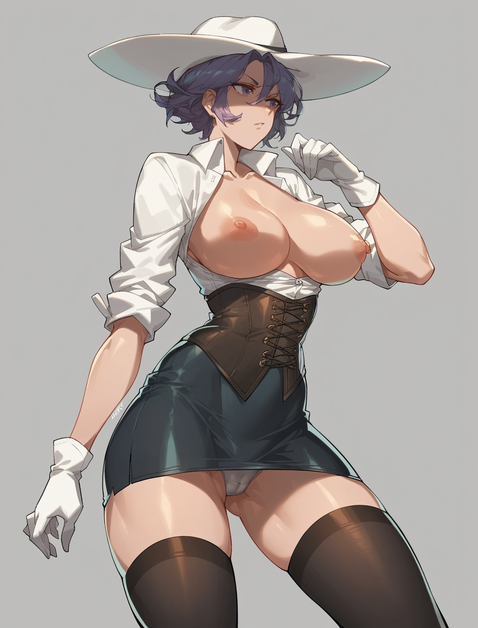 score_9, score_8_up, score_7_up, score_6_up, <lora:Yohand1754V1:0.9>,
1girl, black skirt, breasts, cameltoe, corset, cowboy shot, gloves, grey background, hand up, hat, large breasts, miniskirt, thighhighs, pencil skirt, purple eyes, purple hair, shirt, short hair, simple background, cameltoe, panties, solo, standing, thighs, white gloves, white shirt, open shirt, nipples,