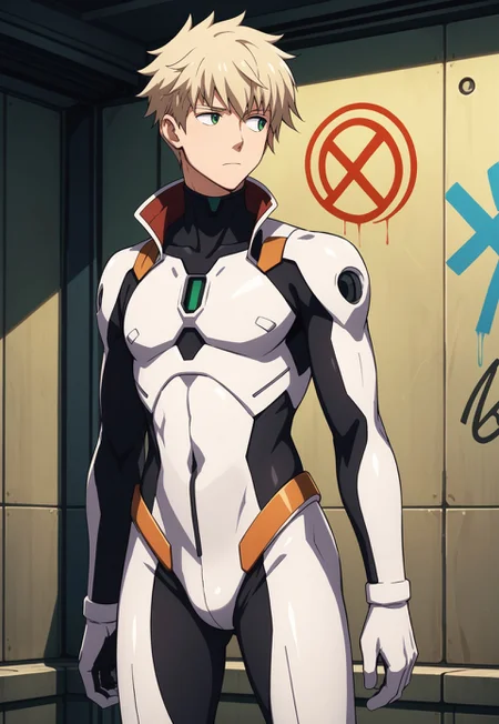 score_9, score_8_up, score_7_up, source_anime, cowboy shot, BREAK, ( green eyes, light blond hair, best eyes, male, anime, pilot suit, looking to the side, neutral expression, full body, ) 1boy, male focus, solo, BREAK, mess hall, ship, graffiti,