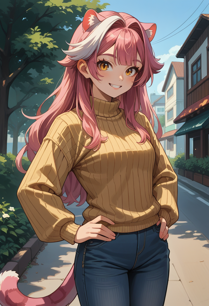 score_9, score_8_up, source_anime, 1girl, solo, RaoraPanthera, cat ears, long hair, single white streak, cat tail, outdoors, sweater, ribbed sweater, jeans, hands on hips, smile, <lora:ChamRaoraPantheraPonyXL:1>