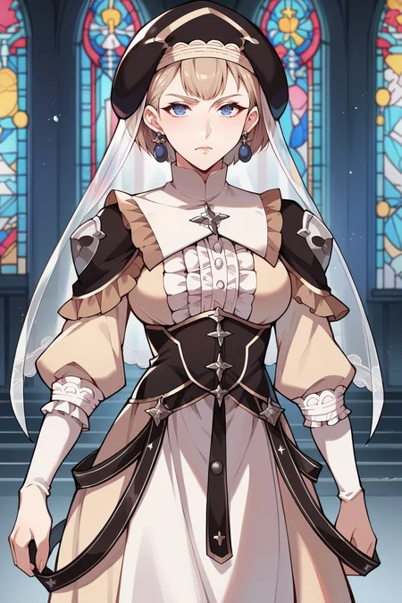 score_9, score_8_up, score_7_up, score_6_up, source_anime, 1girl, BREAK <lora:mercedes-pdxl-nvwls-v1:1> warMercie, blue eyes, short hair, beret, veil, see-through, earrings, frilled dress, center frills, corset, long dress, breasts, looking at viewer, serious, church, stained glass