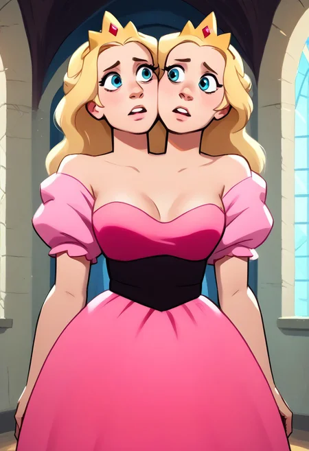 score_9, score_8_up, score_7_up, score_6_up, score_5_up, <lora:st3v3nXLP:1> st3v3n, princess, puffy sleeves,cleavage, solo, medium breasts, off-shoulder pink dress, 1girl with twoheads, looking at each other, eye contact, long hair, blonde hair, blue eyes, indoors, castle, bedroom