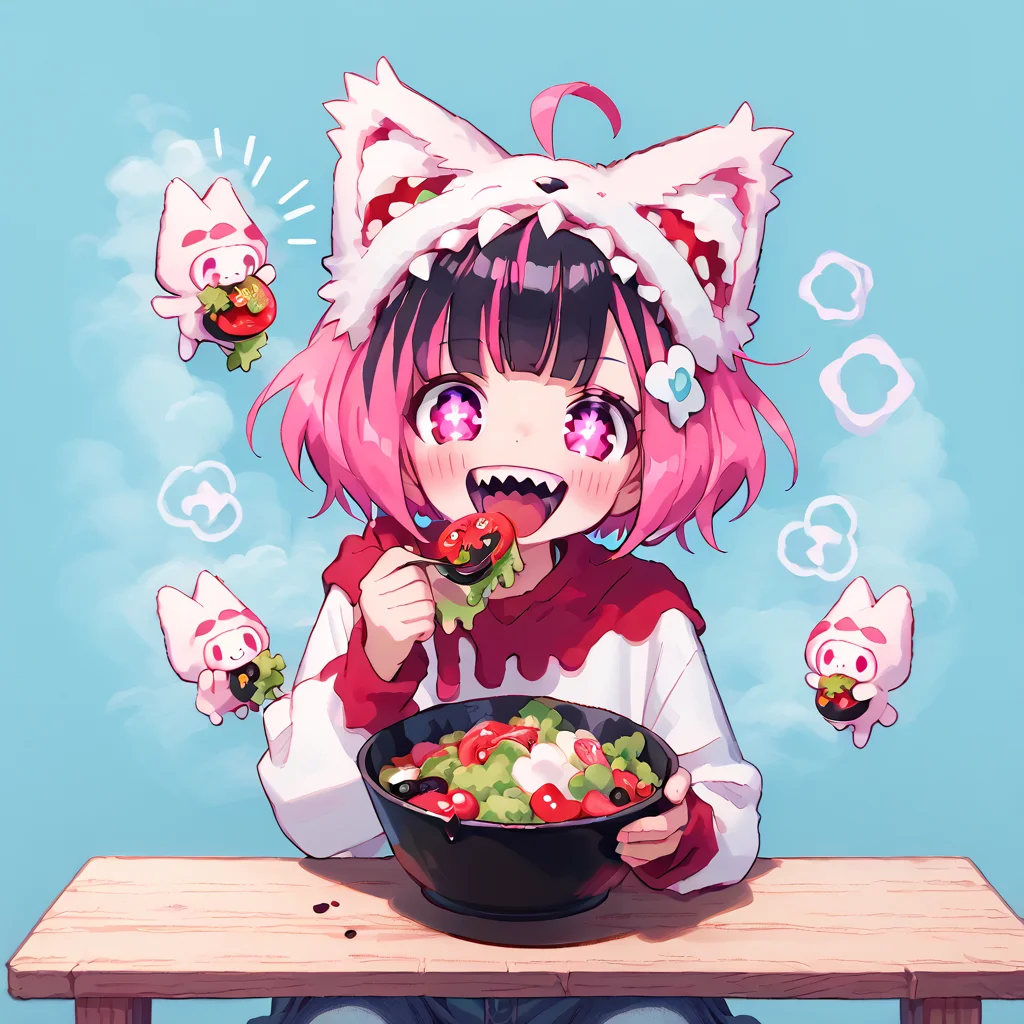 <lora:Berta_Delica:1> black hair, pink hair, multicolored hair, symbol-shaped pupils
<lora:Women_Laughing_Alone_With_Salad__Pony:0.8> eating salad, laughing