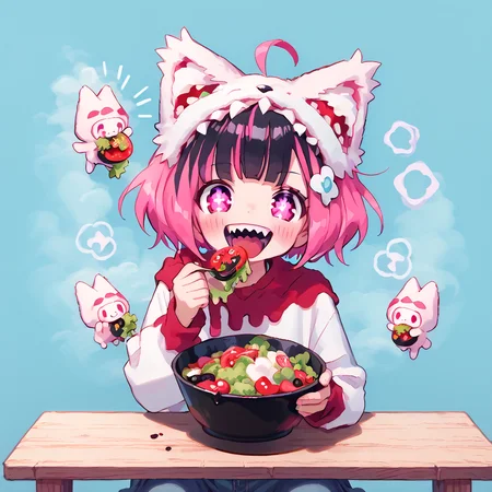 <lora:Berta_Delica:1> black hair, pink hair, multicolored hair, symbol-shaped pupils
<lora:Women_Laughing_Alone_With_Salad__Pony:0.8> eating salad, laughing