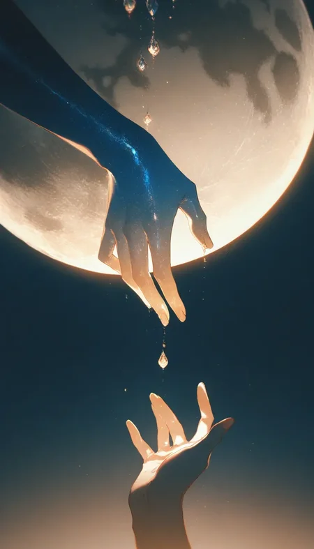 (masterpiece, best quality), safe, amazing quality, very aesthetic, absurdres, highres, newest, HDR, 8K, high detail RAW color art,
brilliant skin, shiny skin, (rella, konya karasue:1.25), 1gir, solo, dim light, moon drop, fall from one's hands, looking down,