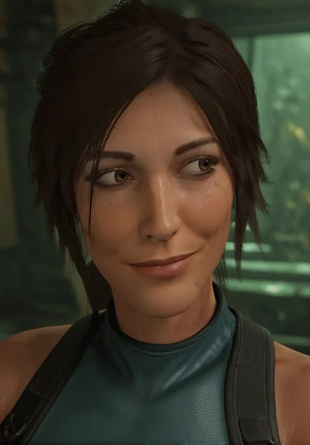 score_9_up, score_8_up, score_7_up, Lara Croft, brown eyes, brown hair, sweat, sleeveless bodytop, brown shorts, soft smile, (looking away, face focus, close up), indoors, blurry background, realistic, solo, best quality, high quality