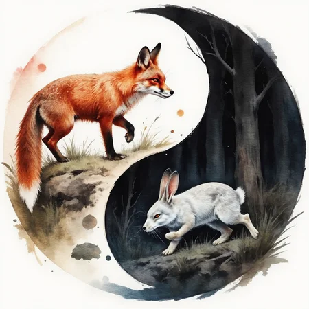 wet watercolor diyngyng style painting of a yin-yang formation, one side with a fox the other side with a rabbit showing that the fox is running after the rabbit through a dark forest