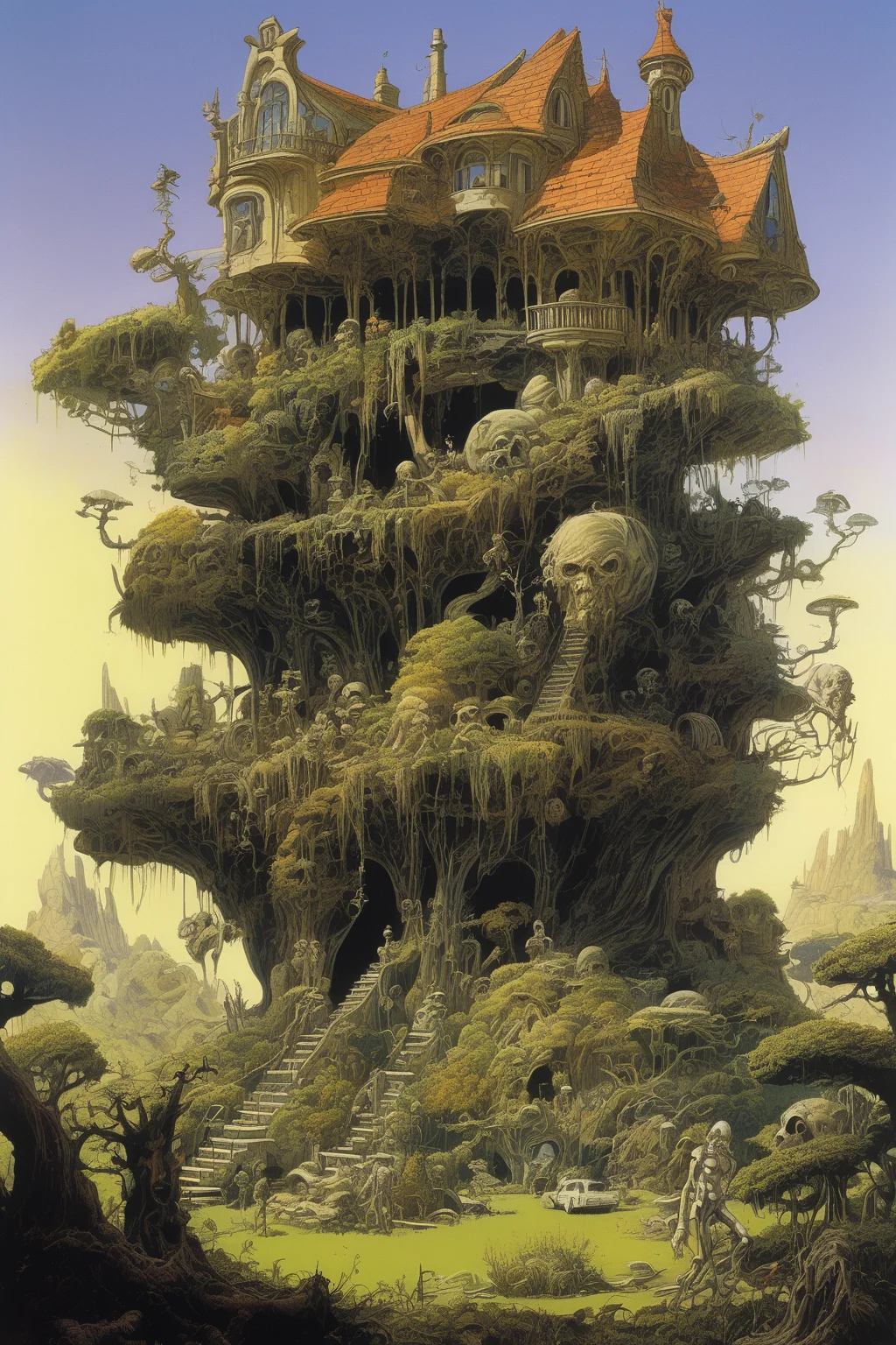 Josh Kirby Style - realm of a mad god, and a futuristic house with a yard full of plants and trees, and zombies by Roger Dean and Waldemar von Kozak.