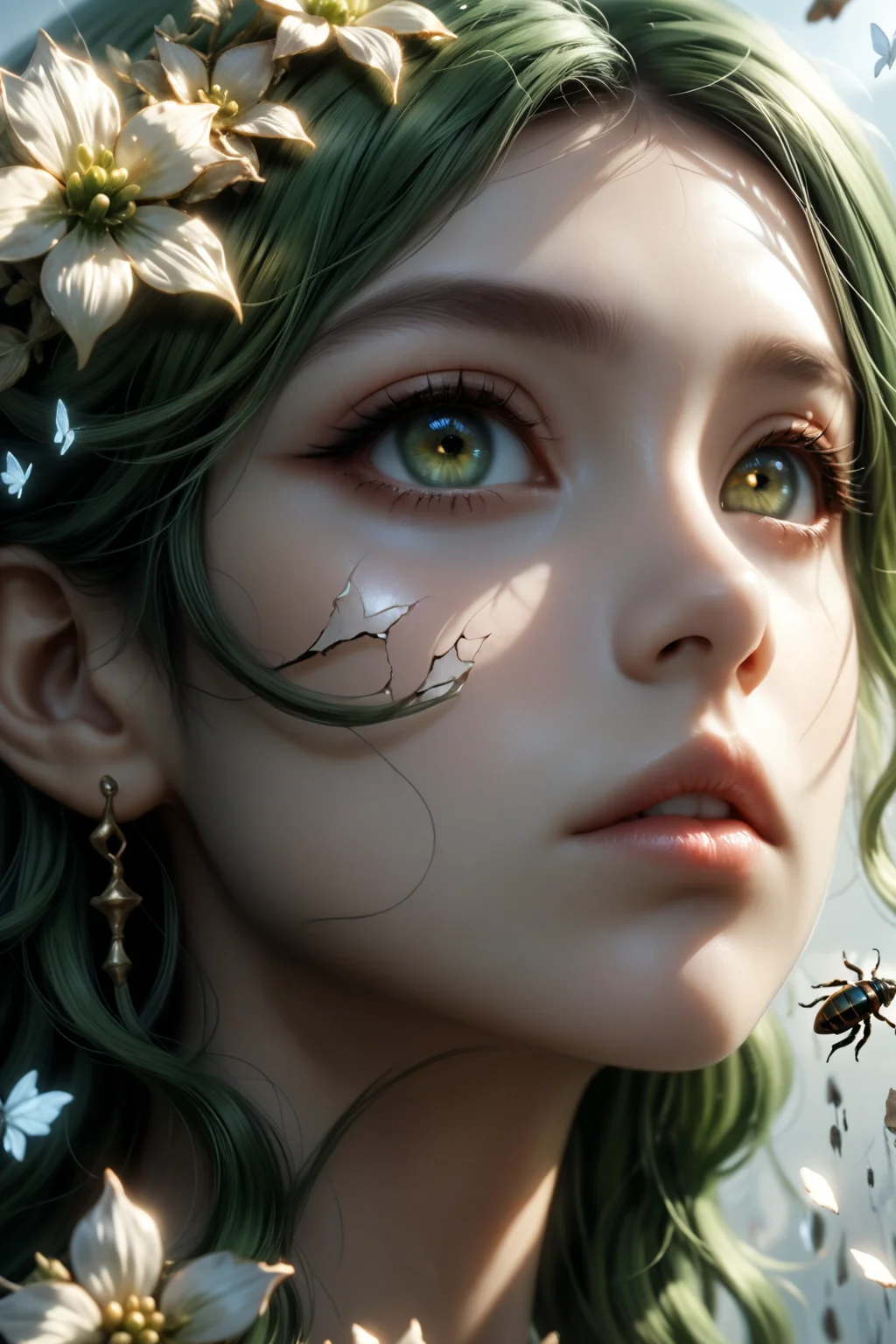 Surreal dream, close-up of a woman's face, light and shadow forming a dramatic silhouette, double exposure onto cracked glass plates with intricate details, hints of flowers and a carrion beetle visible within the cracks, 3DCGI anime fantasy artwork, high quality, high resolution, high accuracy, realism, Nahida_(Genshin_Impact)