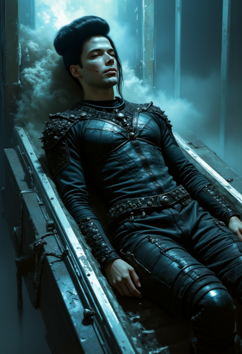 dark fantasy aesthetic. , digital artwork of a futuristic,  , epic.  luminescence, ultra realistic, hyper detailed, soft lighting , (Frank Frazetta), epic scale.
(detailed digital painting, detailed oil painting).

 digital artwork of a futuristic, natural colors, , epic. luminescence, ultra realistic, hyper detailed, soft lighting , epic scale. (detailed digital painting, detailed oil painting). An instant super-detailed photo. . An over-detailed photo. A majestic ancient glass sarcophagus, inside which a man, male warrior in dark cyberpunk clothes  , hangs horizontally.. eyes are closed. A peaceful expression on a pale face. dark hair, An Epic. monumental, Otherworldly atmosphere. (Depth of field), low saturation,detail. mythp0rt, Stylish, charismatic.. Smoke, fog... 
 .

 An otherworldly atmosphere.
(Depth of field), low saturation,detail. mythp0rt Stylish, charismatic. ,.
masterpiece,   ,KNRm,  
,

Otherworldly atmosphere. aidmamj6.1
(Depth of field), low saturation,detail. mythp0rt, Stylish, charismatic



