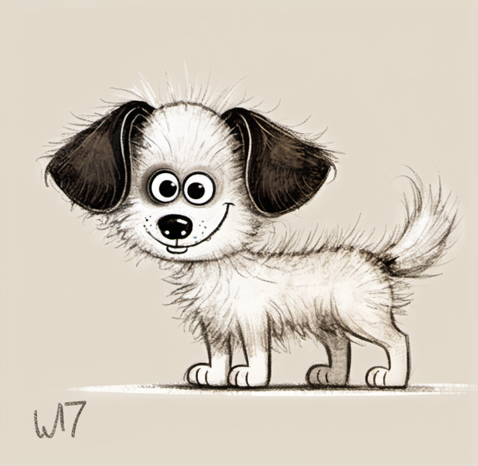 cartoon dog, illustration, puppy, black and white, fuzzy fur, big eyes, happy expression, smiling, sketch style, playful, cute, standing pose, ears floppy, simplistic background, hand-drawn, whimsical, childrenâs book character, light texture, sign off "WR17", brown and white tones. <lora:æ½¦è-000012:0.8>,