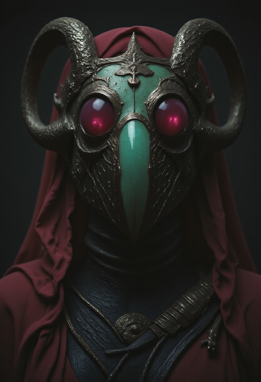Closeup of a intricate sss translucent horned pink and Green Amber Skull mask, masterpiece, best quality, amazing quality, absurdres, newest, ultra-detailed, close-up, upper body portrait, female knight, dark fantasy armor, eerie atmosphere, imposing pauldrons, gothic aesthetic, high contrast, dramatic lighting, deep shadows, battle-worn metal, intricate engravings, mysterious expression, cinematic composition, dark environment, moody background, dark-mood-mod, translucent Red cape