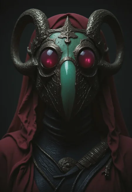Closeup of a intricate sss translucent horned pink and Green Amber Skull mask, masterpiece, best quality, amazing quality, absurdres, newest, ultra-detailed, close-up, upper body portrait, female knight, dark fantasy armor, eerie atmosphere, imposing pauldrons, gothic aesthetic, high contrast, dramatic lighting, deep shadows, battle-worn metal, intricate engravings, mysterious expression, cinematic composition, dark environment, moody background, dark-mood-mod, translucent Red cape