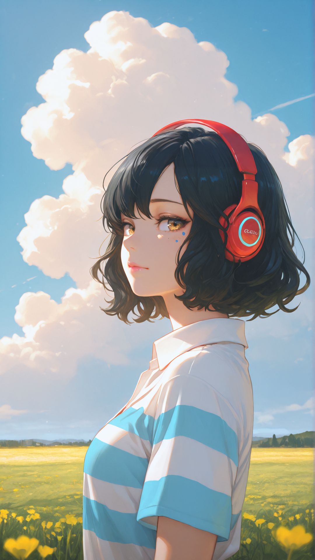 1girl, painterly touch, <lora:add-detail-xl:1>,
masterpiece,best quality,
black hair, short hair, wavy hair, swept bangs, long bangs, symmetrical pangs, golden eyes, detailed eyes, subtle flush on cheeks, pink lips, closed mouth, collared shirt, loose shirt, white shirt, striped shirt, blue stripes, short sleeves, futuristic headphones, red headphones with blue accents, 
calm expression, content expression, gentle breeze moving strands of hair, green field with wildflowers, vibrant blue sky with fluffy clouds, warm sunlight, natural, serene, dreamy atmosphere, high details, soft shading,
view from the side, glancing at viewer, looking at viewer, facing to the side,