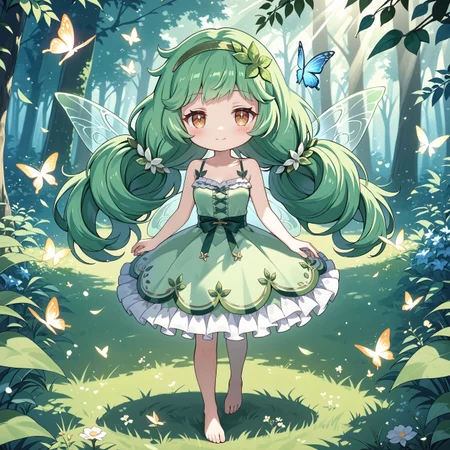 score_max, (score_9, score_8_up, score_7_up:1.2), score_6_up, official art, source_anime,
, masterpiece, absurdres, high detail, 8k,
forest, grass, flower, butterfly, particles, god rays,
floating, light smile, blush,
(chibi:1.4), rutika, green hair, twintails, green hairband, leaf hair ornament, fairy, fairy wings, camisole, strap, miniskirt, frilled skirt, barefoot,
<lora:XL_Pony_gomaotsu-lucchica-t2:1>