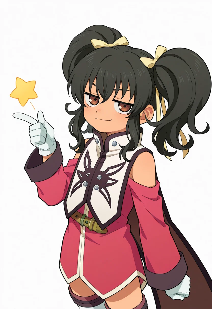 white background, simple background,
BREAK,
jitome, unamused, small pupil, looking sideways, smirk, smile, snapping finger,
cowboy shot,
BREAK,
<lora:aniseover_illustriousXL_v01:0.9>
anisedef, black hair, brown eyes, twintails, sidelocks, yello ribbons,
anisebase, white gloves, bare shoulders, detached collar, long sleeves, off shoulder, pink robe, tabard, capelet,
thigh boots, white thigh boots,
anisesheath,, source_anime, very aesthetic, anime coloring, masterpiece,
best quality, amazing quality, ultra detailed, very aesthetic,
detailed background,
BREAK,