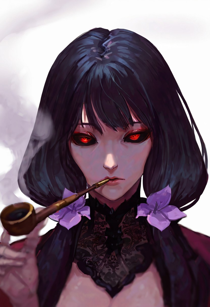 1girl, Chan Hongyi, black sclera, red eyes, border,expressionless,flower,hand up,holding,holding smoking pipe,hyur,kiseru,lace collar,portrait,smoke,smoking,smoking pipe,solo, white background,
(Smooth Quality - Illustrious:0.8), masterpiece,best quality,amazing quality, absurdres, (impressionism), ultra-HD, 8k, fit body, highest quality, volumetric lighting, (cinematic composition:1.3), (sharp focus:1.2), (depth of field:1.2), (adult), wide eyes, (mature female:1.2), very aesthetic, smooth image, action lines, motion lines, motion blur, (detailed face and eyes:1.3),
<lora:illustrious_quality_modifiers_masterpieces_v1:0.6>  <lora:ponyv4_noob1_2_adamW:0.4> <lora:FINALE:0.4>  <lora:I_Am_The_Fated_Villain:0.6> <lora:g0thicILL:0.4> <lora:USNR STYLE_XL_loha:0.3>
