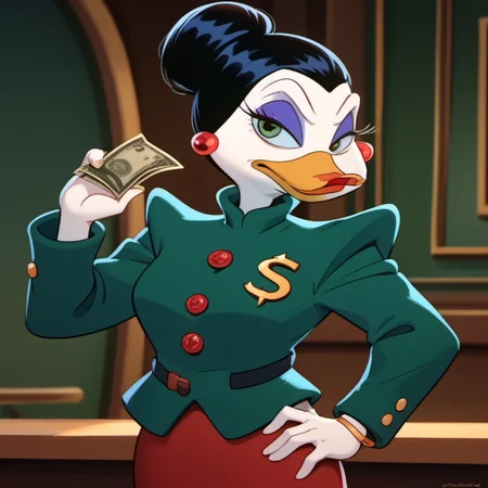 score_9, score_8_up, score_7_up, 1girl, solo, mvdt2, duck, beak, furry, skirt, green jacket, furry female, green eyes, hand on hip, jewelry, makeup, hair bun, black hair, upper body, looking at viewer, <lora:mvdt2:1>, dollar \(symbol\),