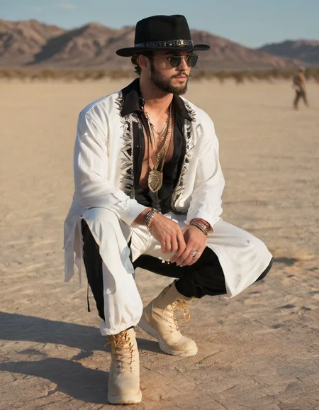 1boy, male focus, facial hair, hat, jewelry, necklace, open shirt, sunglasses, beard, squatting, black pants, white footwear, black headwear, outdoors, boots, desert, open clothes, black hair, beautiful, detailed background, highly intricate, elegant, dynamic, vibrant colors, romantic, glowing, sharp, inspirational, full color, epic light
<lora:DesertFestivalXL_v2.0:.7>, , <lora:FILM_PHOTOGRAPHY_STYLE:0.25>