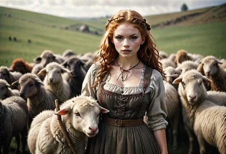 redhead, woman 18 yo, very red curly hair, ginger,
Analog film photograph, extremely detailed, photorealistic, professional photograph,
1girl, grrrl,
wearing homespun peasant dress,
shepherdess holding a shepherd's crook, flock of sheep,