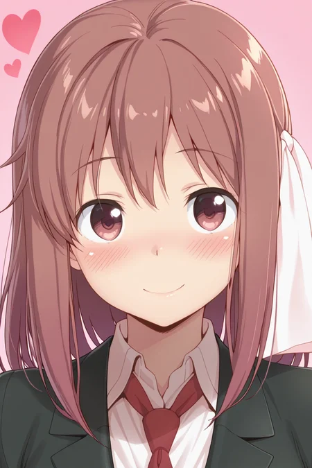 masterpiece, best quality, amazing quality,
 <lora:Haruka_IL:1> haruka, 1girl, solo, necktie, smile, brown hair, heart, blush, blazer, school uniform, red necktie, ribbon, shirt, hair ribbon, portrait, pink background