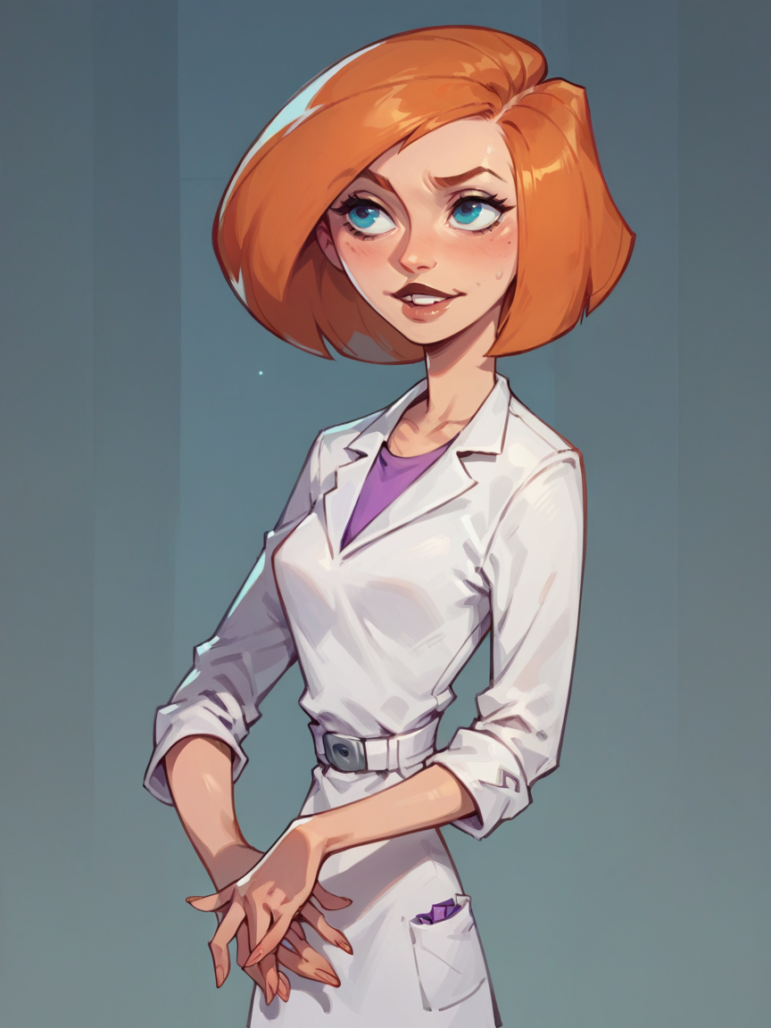 score_9, score_8_up, score_7_up, score_6_up, score_5_up, <lora:annpossibleXLP:1> ann possible, blue eyes, 1girl, solo, orange hair, short hair, lab coat,