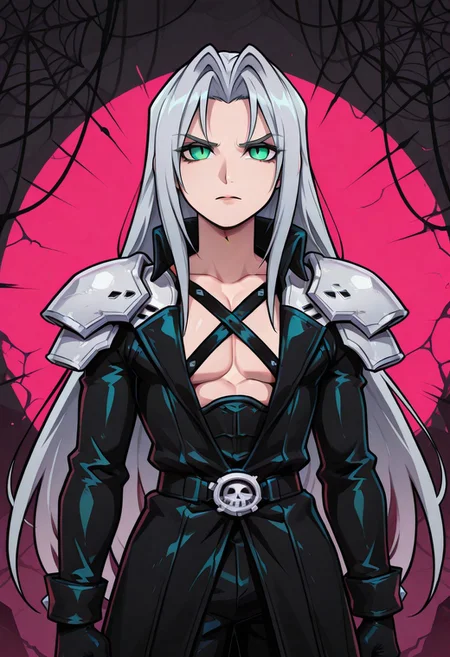 score_9,score_8_up,score_7_up,score_6_up, masterpiece, best quality, very aesthetic, 2d, ((thick lines)), vibrant saturated colors,
volumetric lighting, cinematic lighting, moody lighting, dramatic shadows,
detailed background,
BREAK sephiroth, official outfit grey hair, long hair, very long hair, parted bangs, armor, open clothes, shoulder armor, long sleeves, pectorals, black jacket, jacket, black gloves, high collar, long bangs, black coat, green eyes, slit pupils, gothic noir background
