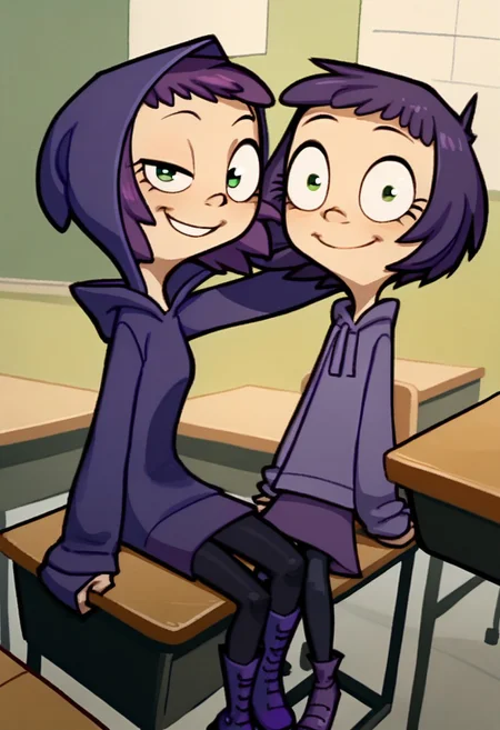 score_9, score_8_up, score_7_up, score_6_up, score_5_up, score_4_up, 2 girls in image, sitting on desks, smiling, looking at viewer, arms around each other, friends, 
BREAK, 
1 girl, square head, green eyes, squinch, round eyes, long hair, dark blue hair, dark blue dress sweater, black leggings, small black boots, 
BREAK
1 girl, short hair, purple hair, long eyelashes, purple hoodie, purple skirt, purple shoes, , hood up