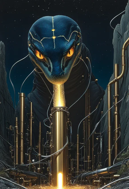 masterpiece, best quality, very aesthetic, absurdres, HyperDetailed Illustration, qu4ntum, epic background, nightsky landscapes with vibrant (brass pipes) and (silver wires) and gold circuits, a snake covered in gold circuits, glowing eyes, vivid eye color, (beautiful eyes:1.2), (gradient iris, crisp iris edges), confident pose, snake pose, eating a chunk of silver wires,