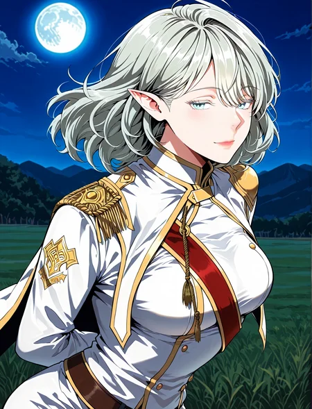 <lora:Alea_Triscan__The_Beginning_After_the_End__Illustrious:1>
1 girl, solo, elf, pointy ears, light blue eyes, grey hair, medium hair, hair behind ear, hair between eyes,ahoge, military uniform, white cape, epaulettes, jewelry, white pants, long sleeves, white thigh boots, thighhighs, high heels, belt, white jacket, red sash
score_9, score_8_up, score_7_up, very aesthetic, source_anime, detailed, high quality, beautiful, masterpiece, detailed eyes, field, blurry background, pose dynamic angle, upper body, cowboy shot, light smile, floating hair, half-closed eyes, hands behind back, leaning forward, looking forward, looking at viewer, night, blue moon, <lora:iLLMythG0thicL1nes:1>