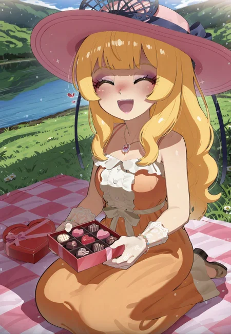 Mizumizuni, 1girl, masterpiece, best quality, absurdres, long hair, blonde hair, big hair, wavy hair, rich girl, 
frilly pastel orange sundress with frilled collar, large picture hat, fascinator, jewel necklace, heart bracelet, lace gloves, 
makeup, long eyelashes, glossy lipstick, mascara, blush, eyeshadow, 
outdoors, nature, grass, lakeside, lake,
kneeling, sitting, smile, open mouth, upper teeth only, closed eyes, ^_^, hearts, sparkles, valentines day, picnic blanket, holding box of chocolates, heart balloons,
(glittering pastel orange clothing, glossy sparkling fabric),
intricate, beautiful, highly detailed, majestic, shallow depth of field, movie still, colorful