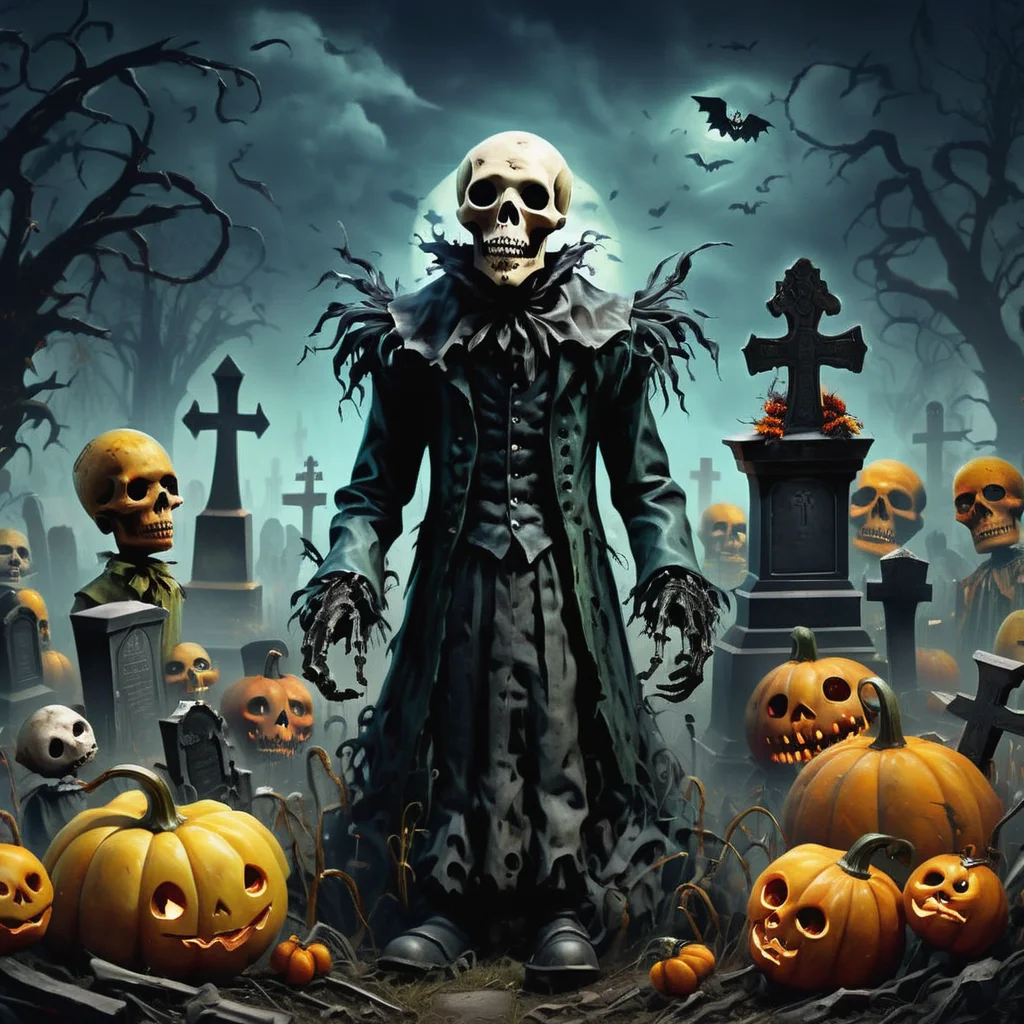 ((realistic,digital art)), (hyper detailed),h4l0w3n5l0w5tyl3DonMD4rk Forgotten Cemetery, Whispering, Scarecrows, Creepy Doll, Phantom Flames, Pop Surrealism, <lora:h4l0w3n5l0w5tyl3DonMD4rk-XLv1.1:1>