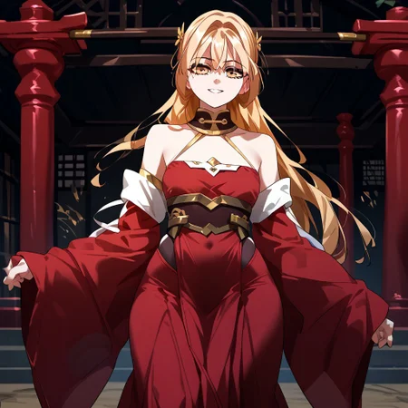 zPDXL3, score_9_up, score_8_up, score_7_up, (Anime_source), 1girl, standing, looking at viewer, smiling, LuoYun-Chang, yellow eyes, blonde hair, long hair, hair ornament, red dress, halter dress, bare shoulders, jewelry, detached sleeves, white sleeves, wide sleeves, stomach cutout, pelvic curtain