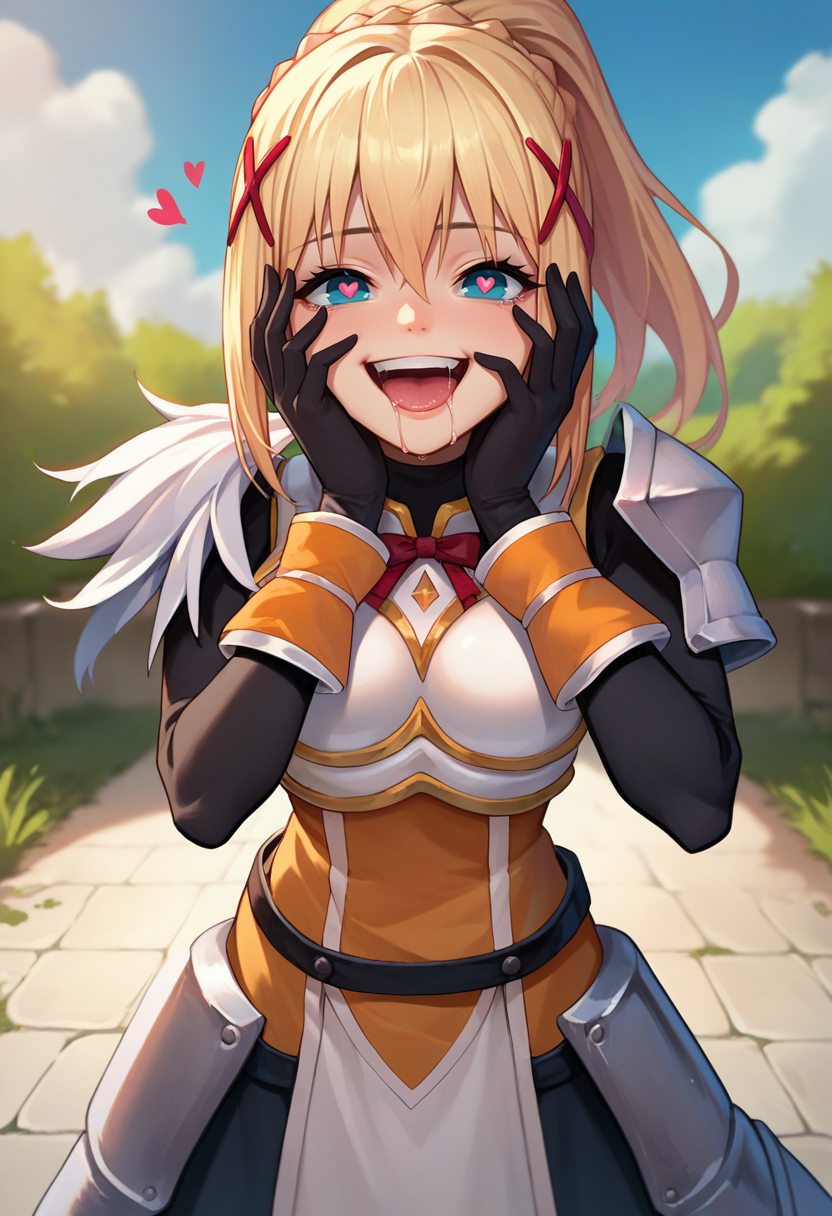 score_9, score_8_up, score_7_up, source_anime, solo, 1girl, ksdarkness, happy, looking at viewer, saliva, hands on own face, braid, ponytail, x hair ornament, heart-shaped pupils, armored dress, shoulder armor, breastplate, bodysuit, black gloves, outdoors <lora:konosuba_darkness_ponyXL:1>