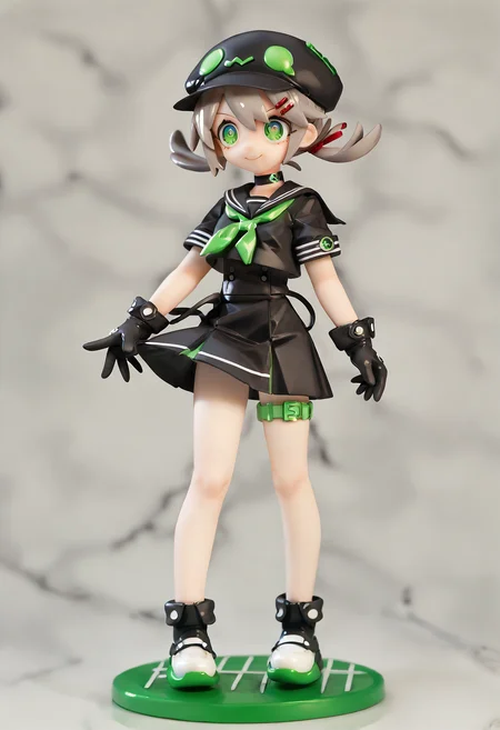 (score_9,score_8_up,score_7_up),source_anime,alter, 1girl, solo, sailor_collar, green_eyes, hair_ornament, hairclip, shirt, colored_skin, school_uniform, neckerchief, simple_background, green_neckerchief, serafuku, smile, grey_hair, twintails, gloves, black_shirt, skirt, hat, black_gloves, choker, low_twintails, blue_skin, full_body, black_headwear, black_skirt, standing, short_sleeves, short_twintails, closed_mouth, black_choker, thigh_strap, shoes, white_footwear, cabbie_hat, <lora:lvziXL-000010:0.8>