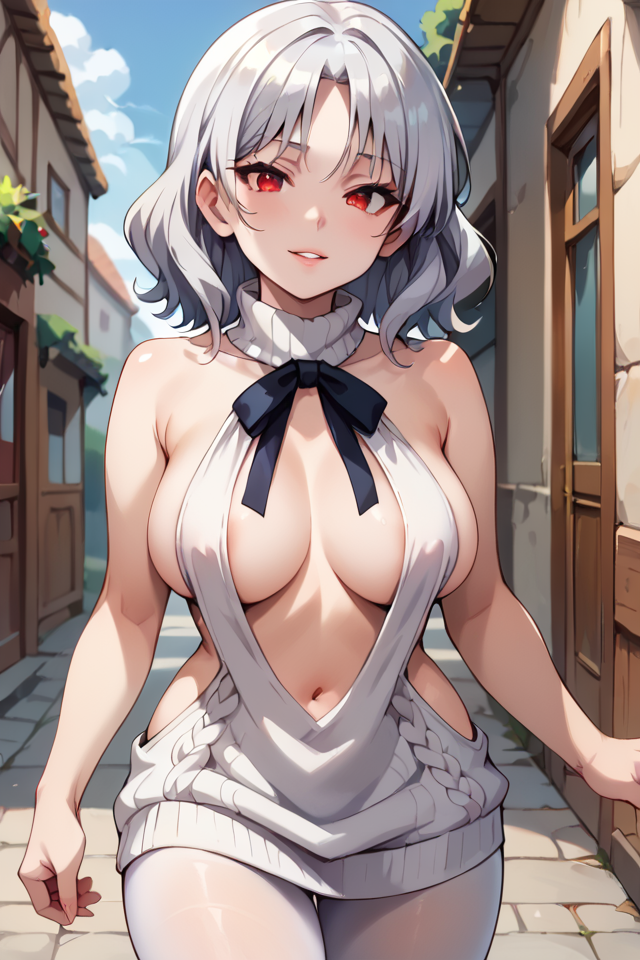 score_9, score_8_up, score_7_up, score_6_up, (white pantyhose, black footwear), looking at viewer, cowboy shot, 1girl, solo, standing, big breasts, sexy, seductive smile, (tina holly), (beast tamer), best quality, masterpiece, beautiful pose, (silver hair), (red eyes), (medium hair), (close-up), (8k), outdoors, naughy face, smug, parted lips, full lips, (face view), perfect face, Expressiveh, seductive, sexy dress, virgin killer sweater, sexy pose, <lora:Tina Holly PonyXL-10:0.7>