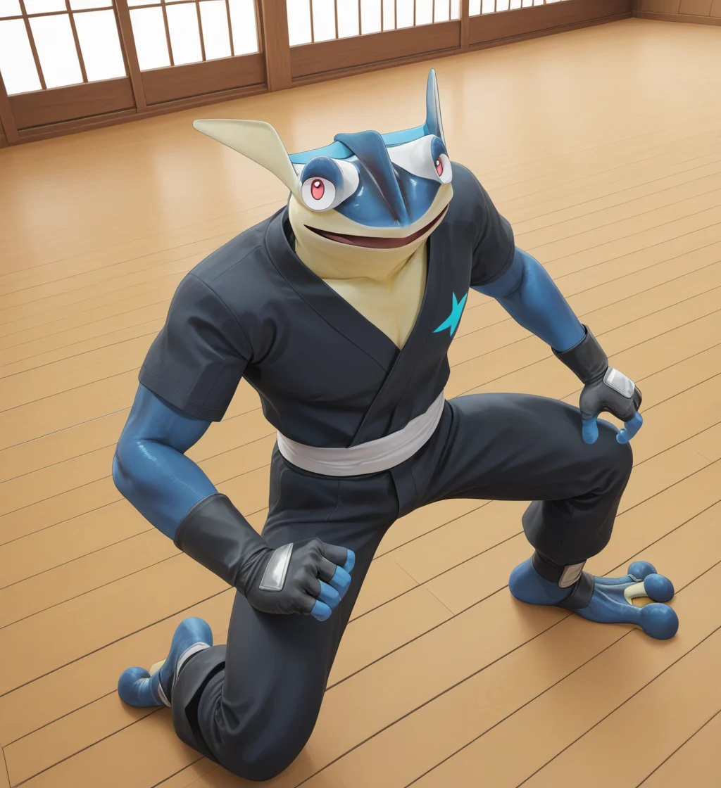 score_9, score_8_up, score_7_up, high res, absurd res, digital media (artwork), 3d (artwork), source_furry, solo focus, angry, open mouth, looking at viewer, anthro, male, clothed, ninja outfit, black shirt, black pants, shin guards, fingerless gloves, action pose, front view, high-angle view, dojo background, <lora:lowres_concept_ponyXL_v1:-0.3> <lora:Kaiden_the_Greninja:0.95> okamicalkaiden, pokemon (species), amphibian, ear fins, blue skin, two tone skin, countershading, webbed feet, athletic, short tail, 2 toes, barefoot, pink eyes