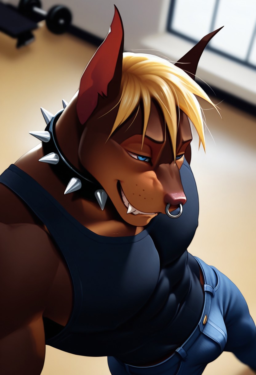 <lora:AndrewV1:1>, andrew, doberman, brown fur, short hair, blond hair, blue eyes, perfecteyes, spiked collar, muscular, athletic build, large pectorals, long torso, narrow waist, narrow hips, furry male, furry, anthro, 1boy, solo, beautiful, hyper-detailed, highres, absurd res, depth of field, very aesthetic, soft shading, photorealism, photorealistic, high sharpness, vibrant colors, dynamic angle, semi-realistic lighting, detailed background, gym, tank top, jeans, face focus, close up, portrait, grin, fangs, half-closed eyes