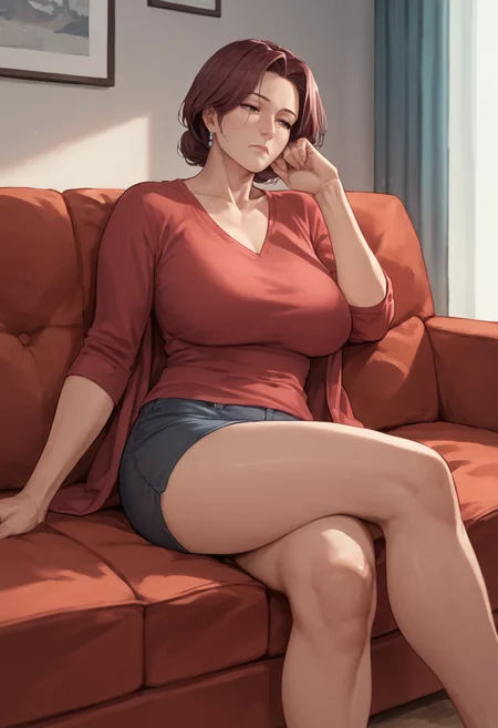 score_9, score_8_up, score_7_up, score_6_up, BREAK
1girl, mature female, laying on a red couch, 1girl listening being bored and sitting watching, <lora:PulenKompot-Zhen_Lu_Style_PonyXL:1> zhenlu