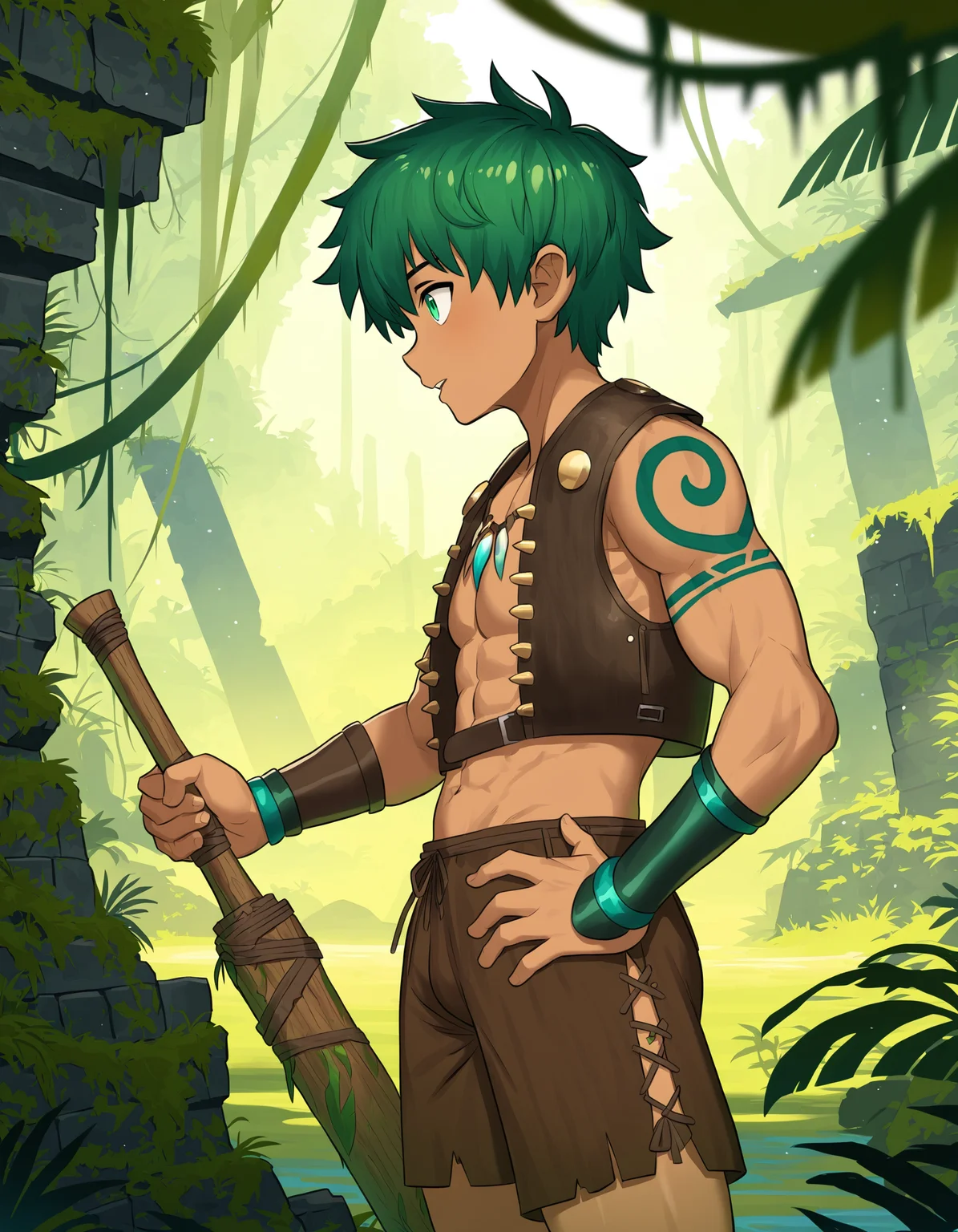 masterpiece, best quality, luye-style, outdoors, jungle, ancient ruins, overgrown, 1boy, solo, muscular, green hair, green eyes, tribal tattoos, leather vest, brown shorts, holding wood sword <lora:luye-yuan_naXL_v3c-ShoAI:1>
