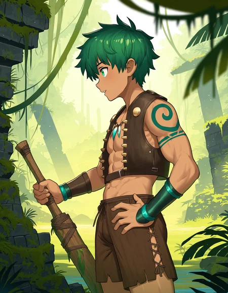 masterpiece, best quality, luye-style, outdoors, jungle, ancient ruins, overgrown, 1boy, solo, muscular, green hair, green eyes, tribal tattoos, leather vest, brown shorts, holding wood sword <lora:luye-yuan_naXL_v3c-ShoAI:1>